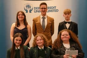 Courage Award Winners Lily Nicell, Katie Gallagher and Danielle Glackin. Also in photo are keynote speaker Conán Doherty and DCU Youth Committee Members Sara Lindsay and Cian McLaughlin.
