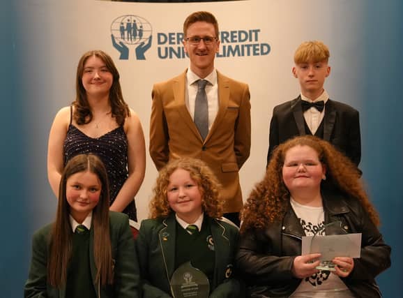 Courage Award Winners Lily Nicell, Katie Gallagher and Danielle Glackin. Also in photo are keynote speaker Conán Doherty and DCU Youth Committee Members Sara Lindsay and Cian McLaughlin.