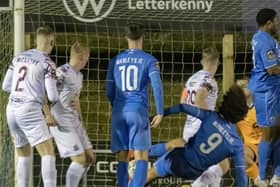 Filip Da Silva (9) scores Finn Harps' second goal. Photo: Joe Boland (North West Newspix)