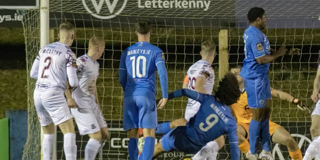 Filip Da Silva (9) scores Finn Harps' second goal. Photo: Joe Boland (North West Newspix)