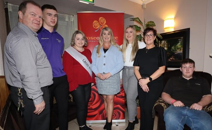 Seosamh Murphy, escort Sean Curran, Laois Rose Sarah Bergin,  Breda Heary, Carys Davies rose, Joan Murphy & Cathal Fitzpatrick escort entrant at the South Laois Rose launch. Pic: Jim fennelly