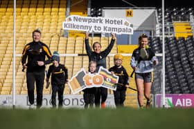 Kilkenny stars Aidan Fogarty and Aoife Pendergast with Newpark Hotel's Sinead Brennan kickstarted #K2KGAAChallenge with local children in Nowlan Park this week. PHOTOs by Dylan Vaughan