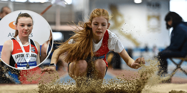 Emily Kelly of Tír Chonaill AC competes in the long jump event of the juvenile pentathlon.  Photo: Sam Barnes/Sportsfile
