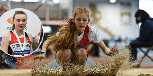 Emily Kelly of Tír Chonaill AC competes in the long jump event of the juvenile pentathlon. Photo: Sam Barnes/Sportsfile
