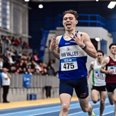 ean McGinley of Finn Valley AC, Donegal, celebrates winning the under 23 men's 1500m. Photo: Sam Barnes/Sportsfile