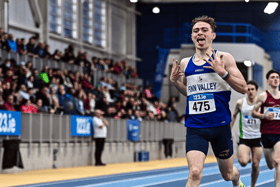 ean McGinley of Finn Valley AC, Donegal, celebrates winning the under 23 men's 1500m. Photo: Sam Barnes/Sportsfile