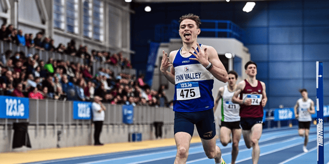 ean McGinley of Finn Valley AC, Donegal, celebrates winning the under 23 men's 1500m. Photo: Sam Barnes/Sportsfile