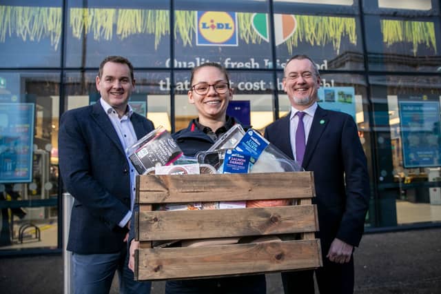 JP Scally, CEO of Lidl Ireland and Northern Ireland, alongside Lidl customer assistant, Patrycja Samojiuk and Jim O’Toole, CEO of Bord Bia | PICTURE: Fennell Photography