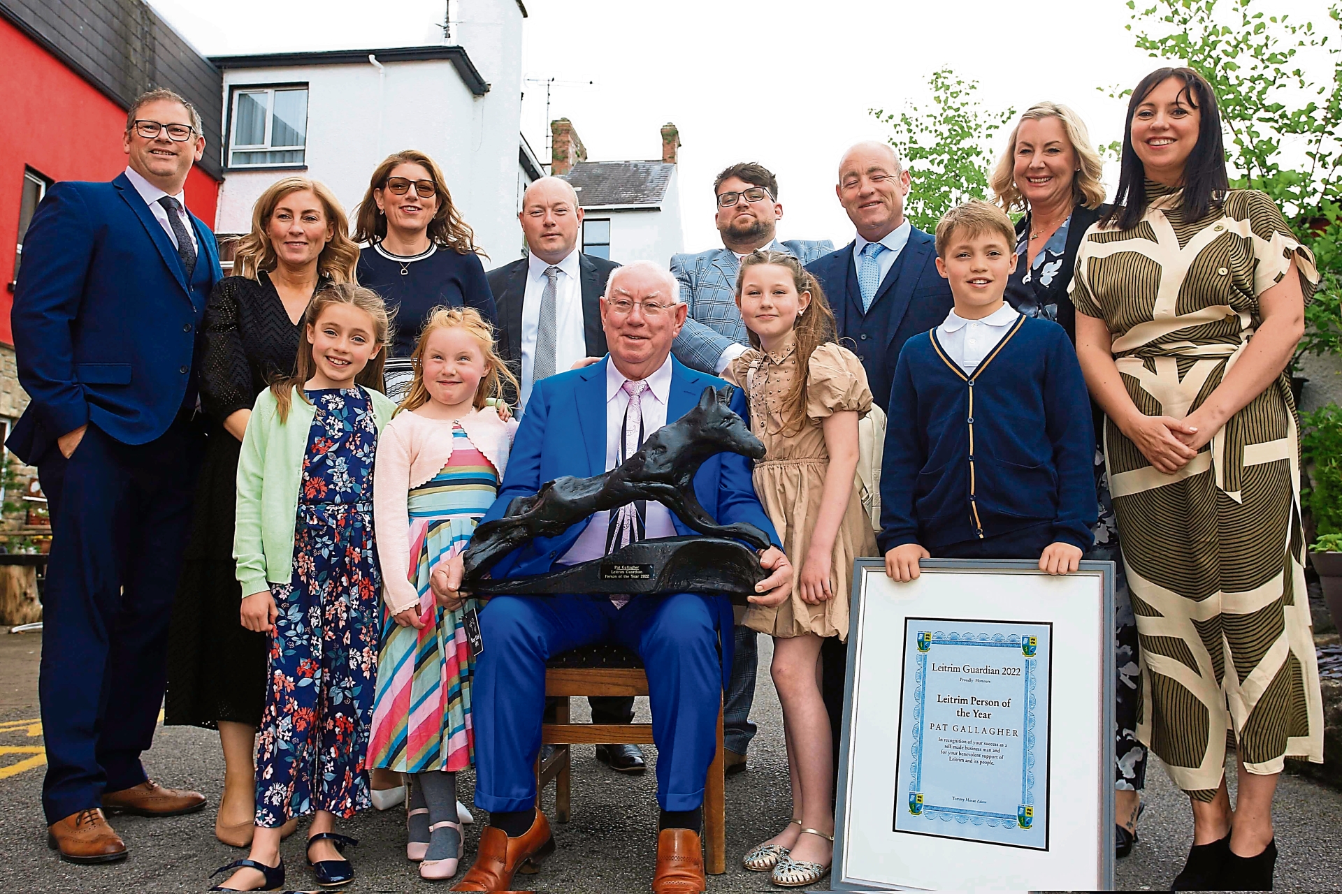 A proud Pat Gallagher, Leitrim Guardian Person of the Year 2022, pictured with his family at The Bush Hotel in Carrick-on-Shannon  on Sunday, May 15  Picture: James Molloy