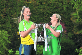 Muckalee captain Edel Coonan (left) and O’Dwyers captain Aoife Curran, stand for a portrait during the 2022 Leinster LGFA Club Championship finals launch.