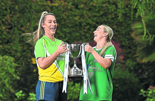 Muckalee captain Edel Coonan (left) and O’Dwyers captain Aoife Curran, stand for a portrait during the 2022 Leinster LGFA Club Championship finals launch.
