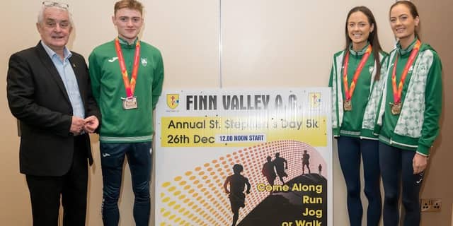 European Cross Country medallists Sean McGinley, Eilish Flanagan and Roisin Flanagan, with Finn Valley AC Chairperson Patsy McGonagle, launch the 2022 St Stephen's Day 5k. Photo: Stellar Photography