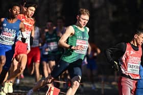 Sean McGinley competing in the U20 men's 6000m during the SPAR European Cross Country Championships at Piemonte-La Mandria Park in Turin, Italy. Photo by Sam Barnes/Sportsfile