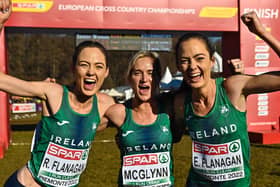 Roisin Flanagan, Ann-Marie McGlynn, and Eilish Flanagan, celebrate after winning bronze in the senior women's 8000m during the SPAR European Cross Country Championships. Photo: Sam Barnes/Sportsfile