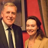 Soccer legend Packie Bonner with Bridgeen McLoone, Harcourt's financial controller for its Donegal properties PHOTOS: Siobhán McGowan