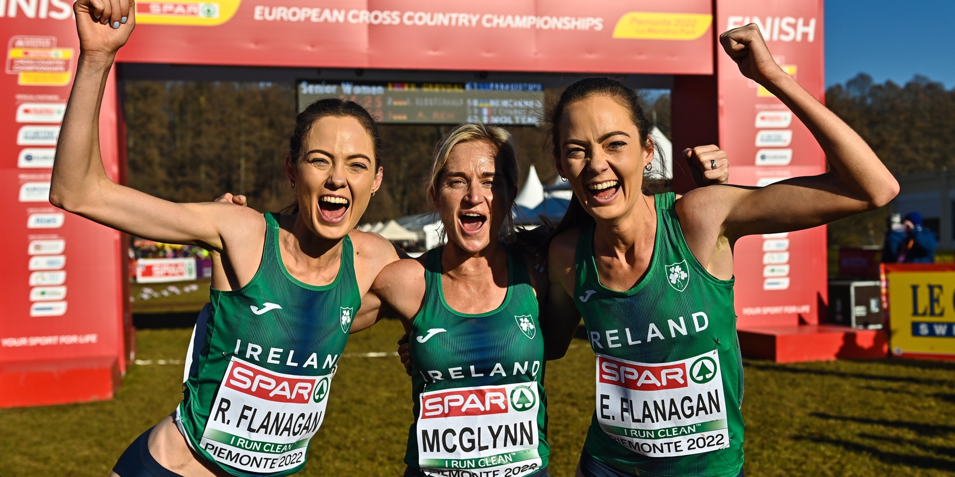 Roisin Flanagan, Ann-Marie McGlynn, and Eilish Flanagan, celebrate after winning bronze in the senior women's 8000m during the SPAR European Cross Country Championships. Photo: Sam Barnes/Sportsfile