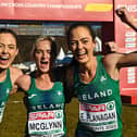 Roisin Flanagan, Ann-Marie McGlynn, and Eilish Flanagan, celebrate after winning bronze in the senior women's 8000m during the SPAR European Cross Country Championships. Photo: Sam Barnes/Sportsfile