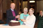 Receiving the 1644 Franciscan chalice on  October 17 in Cincinnati, pictured from left: Msgr Liam Kelly, Sr Mary Ellen Murphy, Sr Marie Irene Schneider and Veronica Buchanan, the archivist