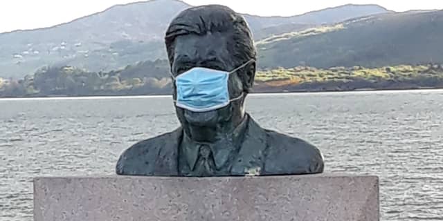 A photograph of the statue of Tip O’Neill in Buncrana which features in Angela Tourish’s book Lockdown Through My Lens