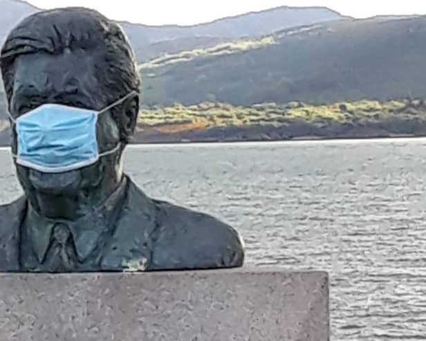 A photograph of the statue of Tip O’Neill in Buncrana which features in Angela Tourish’s book Lockdown Through My Lens