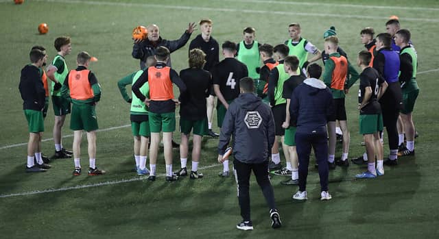 Mike Phelan talking to youngsters during the coaching session at Leafair on Tuesday night. Pic by Tom Heaney, nwpresspics