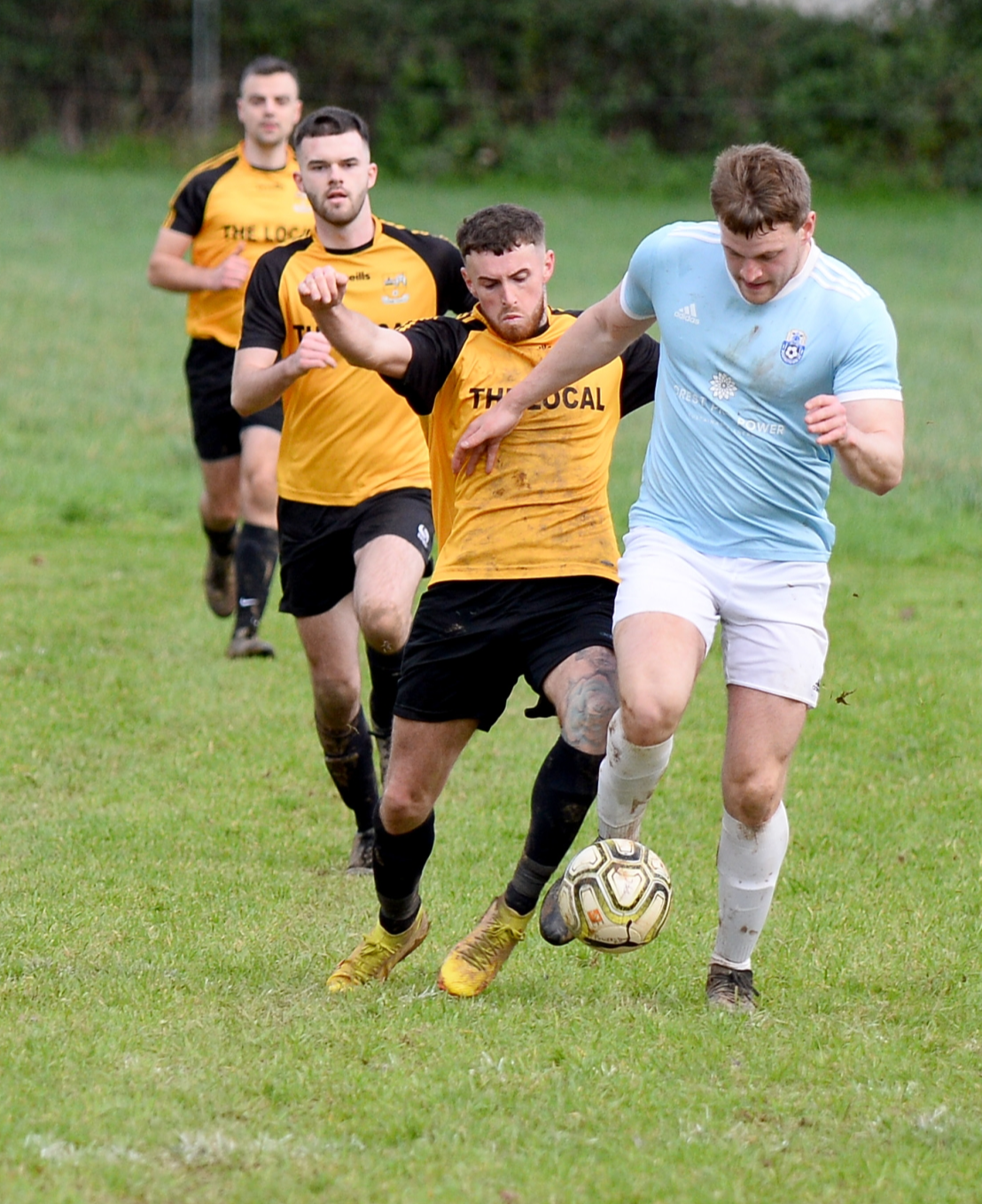 Conor McGrath (Powerstown) under pressure from Kevin Kirwan (Clonmel Town B) in Sunday's Tipperary Cup first round game played on Sunday which Town won by 2-1. Pic: Michael Boland