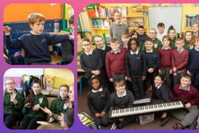 Cloneyhurke NS pupils with Music Generation Laois mentors and their teacher. Pic Alf Harvey