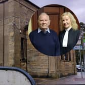 Flag flies at half mast at Donegal Town Courthouse to mark the death of former caretaker Peter Kane, pictured with Judge Sandra Murphy. PHOTOS: Siobhán McNamara