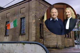 Flag flies at half mast at Donegal Town Courthouse to mark the death of former caretaker Peter Kane, pictured with Judge Sandra Murphy. PHOTOS: Siobhán McNamara