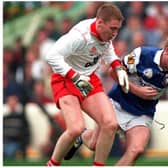 Johnny Behan, Laois, in action against Cormac McAnallen, Tyrone. All Ireland Football Minor Final, Tyrone v Laois, Croke Park, Dublin. Picture Credit: Ray McManus / SPORTSFILE