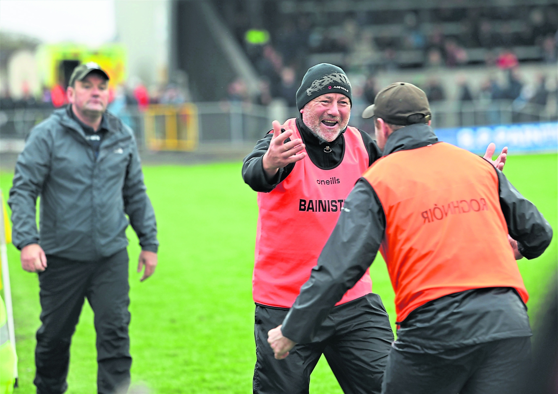 Jubilant Colmcille manager Mickey Harkin celebrating the dramatic win with fellow mentor Paul Treacy at the final whistle Photo: Syl Healy