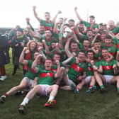The thrilled Colmcille players celebrating with the Connolly Cup following the dramatic win over Mullinalaghta in the county SFC final Photo: Syl Healy