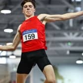 Fintan Dewhirst on his way to setting a new Irish youth heptathlon record. Photo by Sam Barnes/Sportsfile