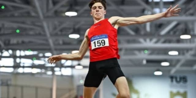 Fintan Dewhirst on his way to setting a new Irish youth heptathlon record. Photo by Sam Barnes/Sportsfile