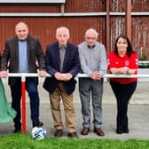 Carn FC secretary Sarah McDaid; CEO Spraoi Helen Nolan; Chairperson Spraoi Patricia Lee; Jim Coyle Chairperson Carn FC; Patsy Doherty and Owen McGuinness Trustees; Roisin McLaughlin Treasurer Carn FC