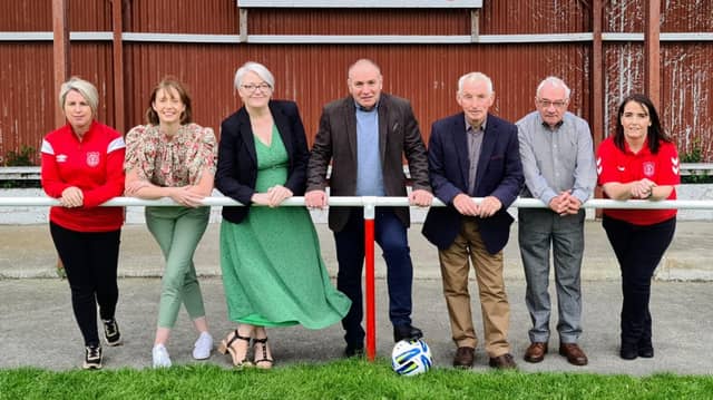 Carn FC secretary Sarah McDaid; CEO Spraoi Helen Nolan; Chairperson Spraoi Patricia Lee; Jim Coyle Chairperson Carn FC; Patsy Doherty and Owen McGuinness Trustees; Roisin McLaughlin Treasurer Carn FC