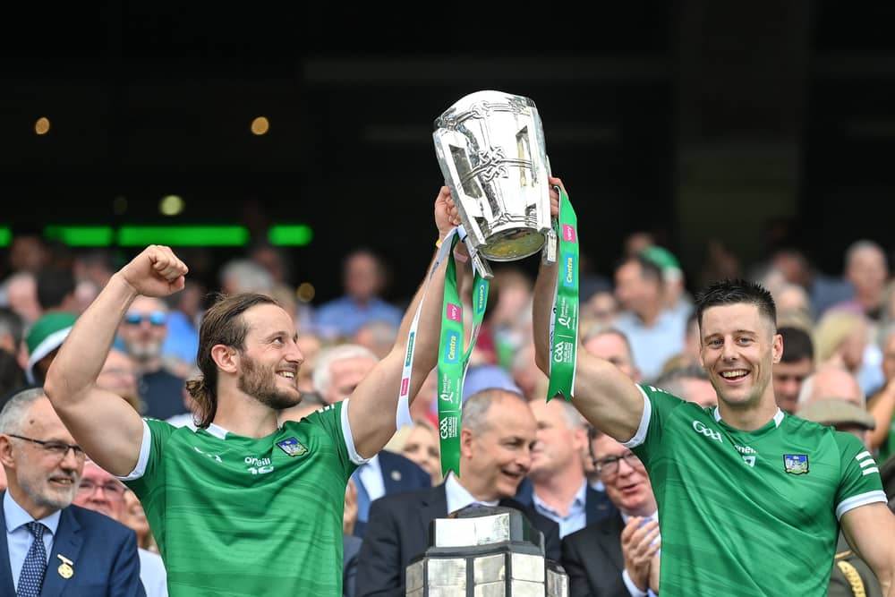 Brothers in (giant) arms: Tom and Dan Morrissey with Liam MacCarthy in Croke Park after this year’s All-Ireland final | PICTURES: Sportsfile