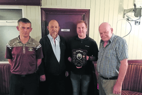 L/R:  Michael Fennell (Chairman), Myles McMorrow (President),  Sean McCormack ( Limekiln Winner), Eamonn Butler (Limekiln Sponsor)