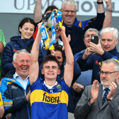 Captain Sam O’Farrell lifts the  Irish Press Cup after Tipperary’s great win in the Electric Ireland All-Ireland minor hurling championship final. Picture: Matt Browne/Sportsfile