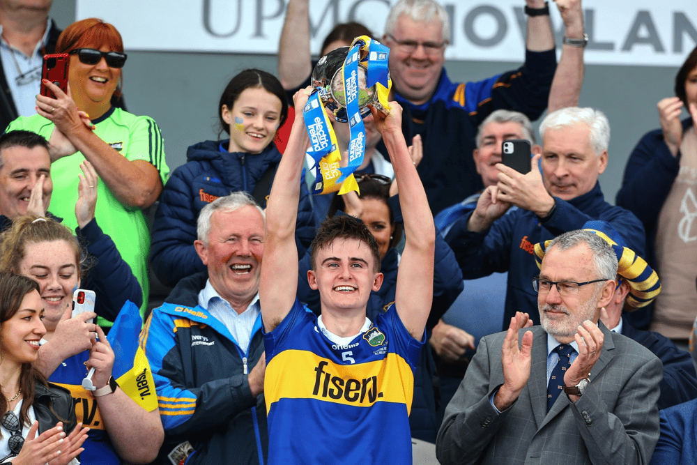 Captain Sam O’Farrell lifts the  Irish Press Cup after Tipperary’s great win in the Electric Ireland All-Ireland minor hurling championship final. Picture: Matt Browne/Sportsfile