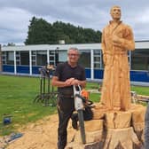 Pictured at the  Ignatius 500 Sculpture  are Will Fogarty (Left) Chainsaw Sculptor and Brendan Iunn, teacher at Crescent College Comprehensive