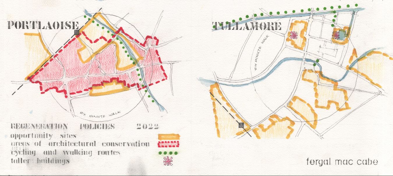 A drawing of Tullamore and Portlaoise town centres