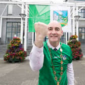 Mayor of Limerick, Cllr Daniel Butler, at City Hall where a giant Limerick flag has been erected | PICTURE: Liam Burke