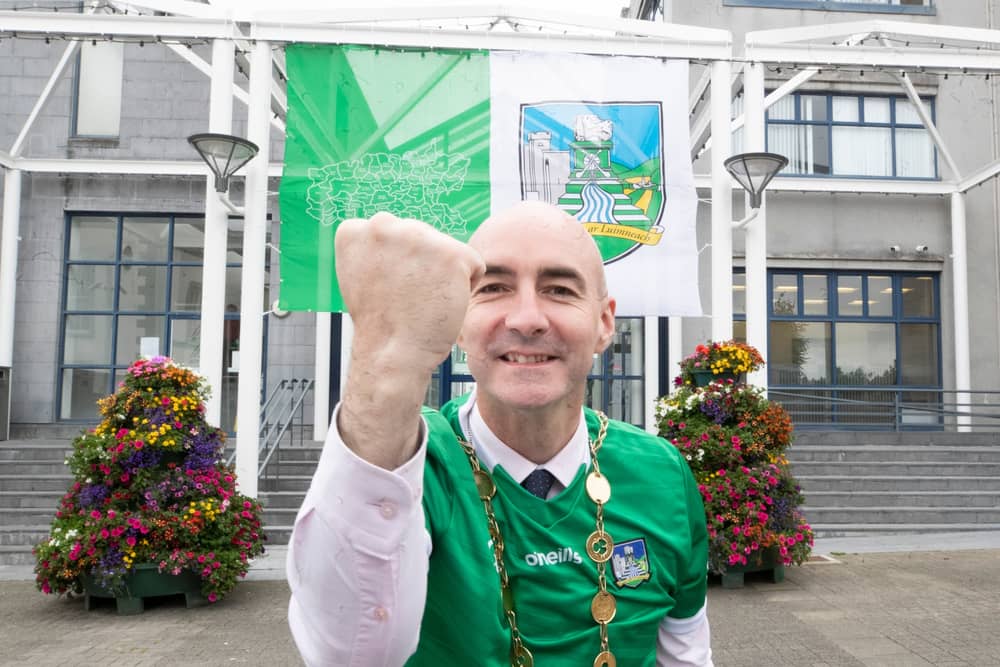 Mayor of Limerick, Cllr Daniel Butler, at City Hall where a giant Limerick flag has been erected | PICTURE: Liam Burke