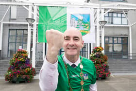Mayor of Limerick, Cllr Daniel Butler, at City Hall where a giant Limerick flag has been erected | PICTURE: Liam Burke
