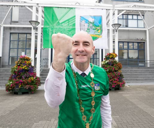 Mayor of Limerick, Cllr Daniel Butler, at City Hall where a giant Limerick flag has been erected | PICTURE: Liam Burke