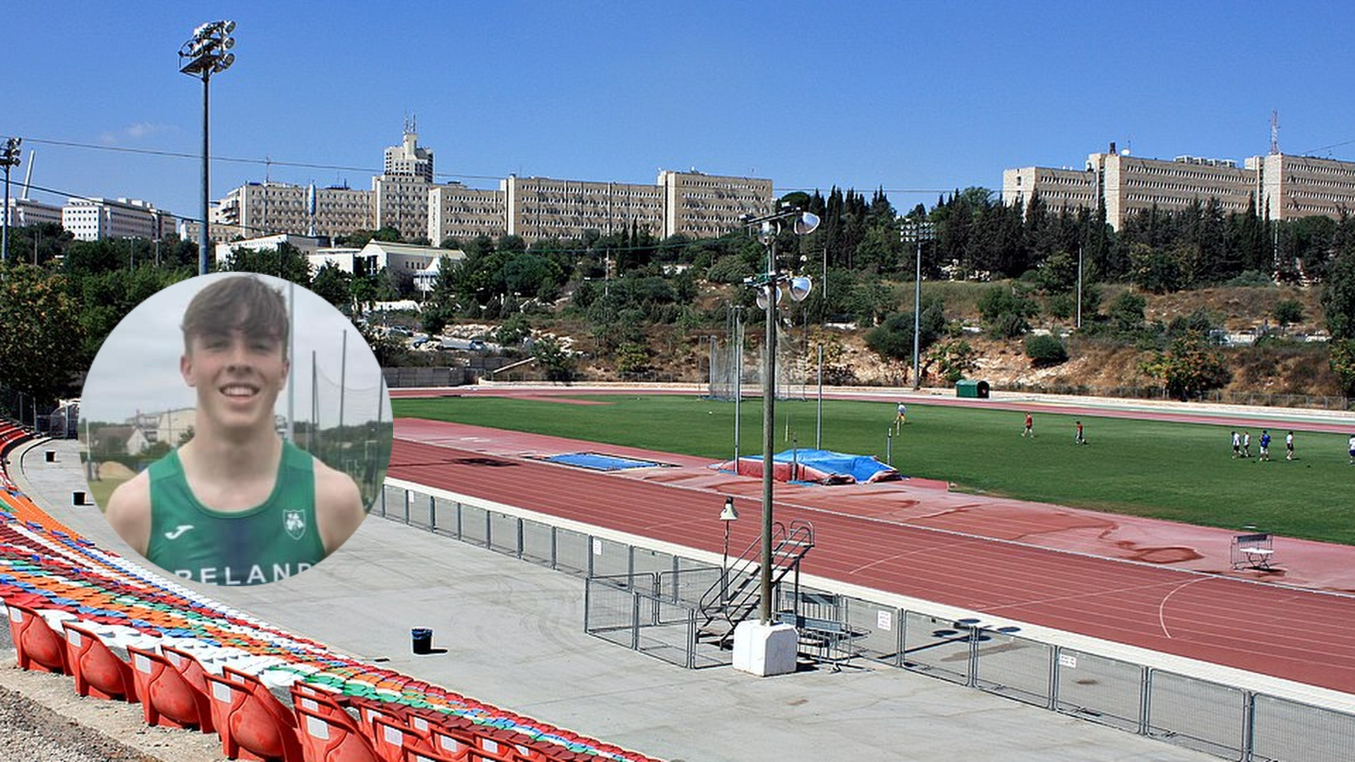 Jerusalem’s Hebrew University Stadium and, inset, Fintan Dewhirst