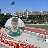 Jerusalem’s Hebrew University Stadium and, inset, Fintan Dewhirst