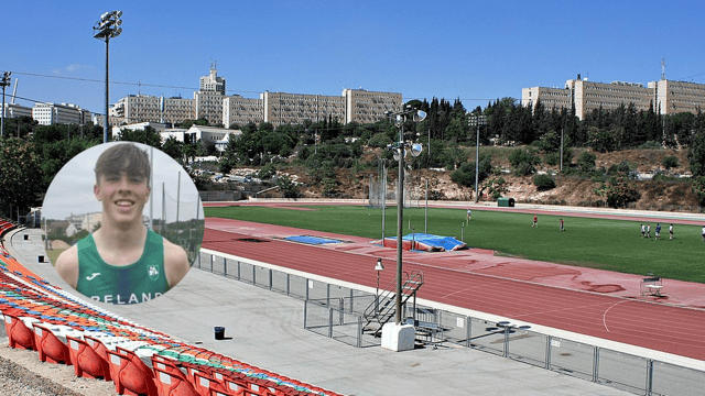 Jerusalem’s Hebrew University Stadium and, inset, Fintan Dewhirst