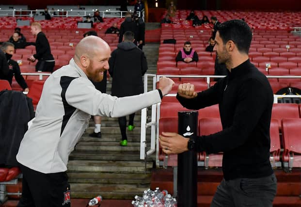 Shane Keegan and Arsenal manager Mikel Arteta greet each other at the final whistle on Thursday night